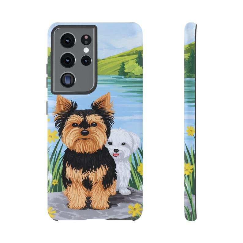 Maltese and Yorkie phone case with lake scene for iPhone, Samsung, and Pixel.