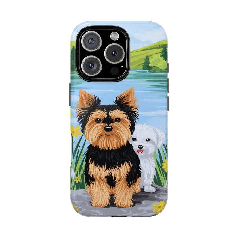Maltese and Yorkie phone case with vibrant lake scene, available for iPhone, Samsung, Pixel.