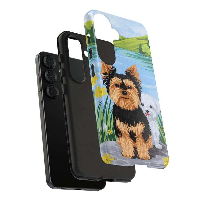 Maltese and Yorkie phone case with lake scene, compatible with iPhone, Samsung, and Pixel.