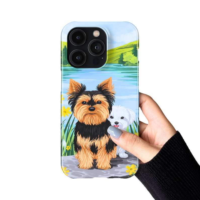 Maltese and Yorkie phone case with vibrant lake scene for iPhone, Samsung, Pixel.