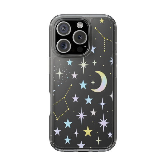 Clear phone case with pastel stars, constellations, and holographic moon design for iPhone and Samsung.