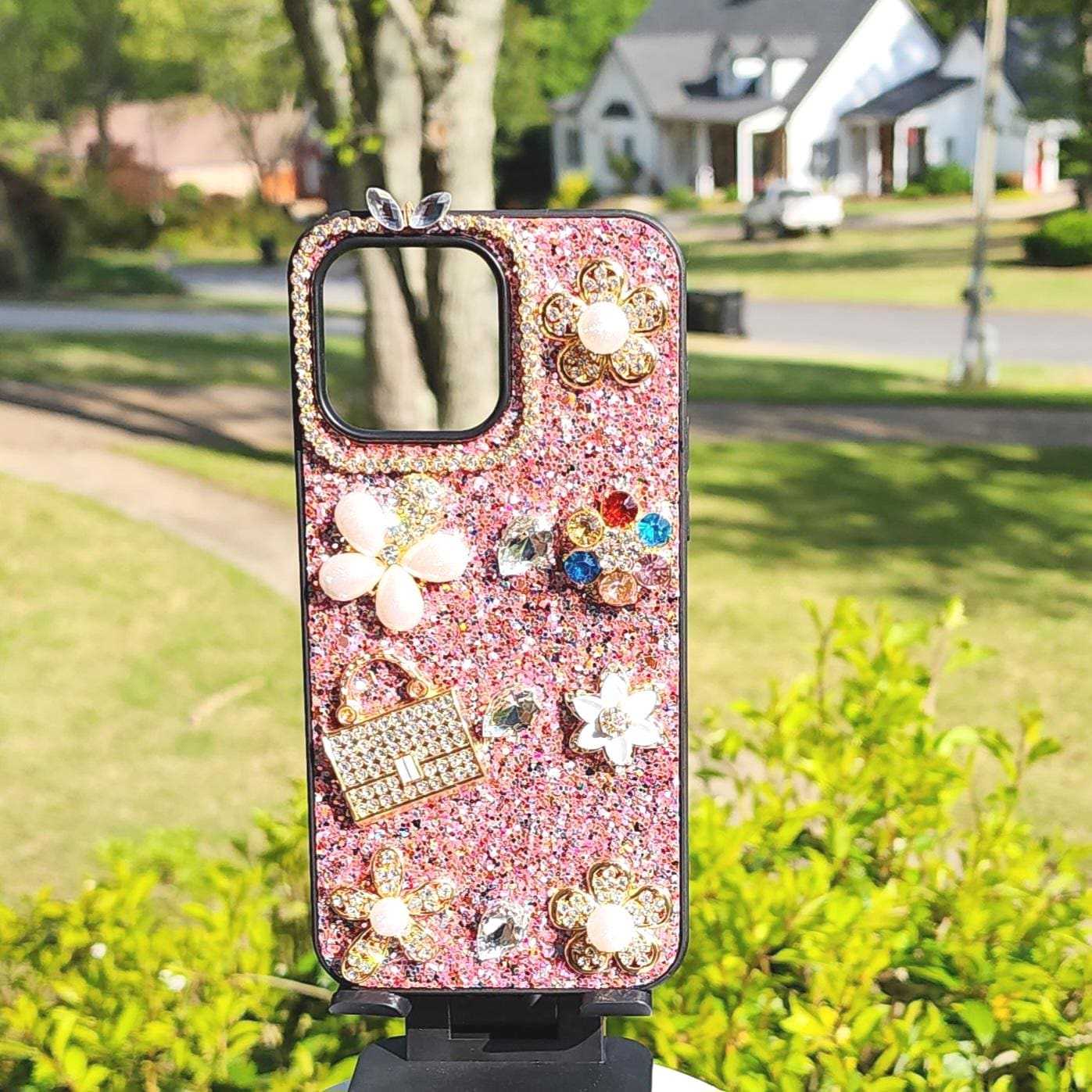Pink Glitter Bling iPhone Case with 3D Charms – Fits iPhone 15 Series - Luxe Case Wraps
