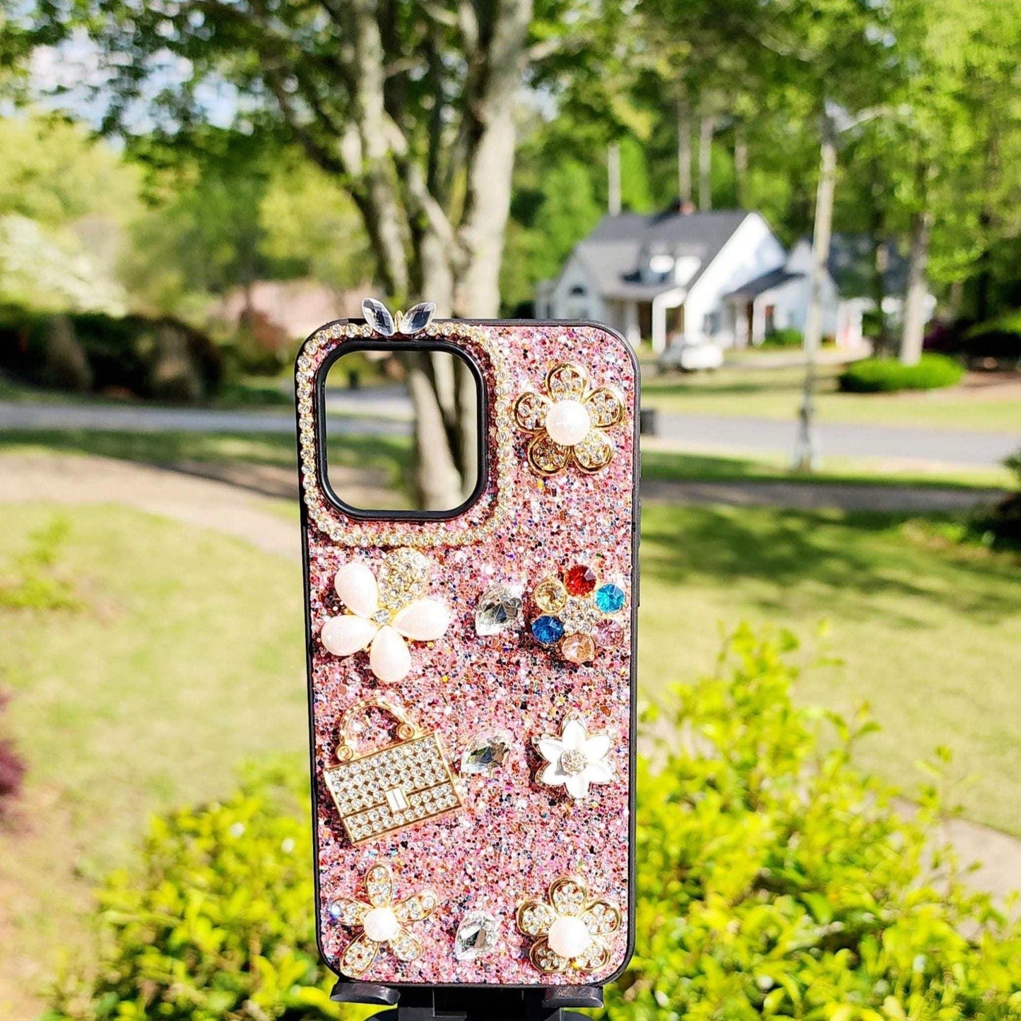 Pink Glitter Bling iPhone Case with 3D Charms – Fits iPhone 15 Series - Luxe Case Wraps