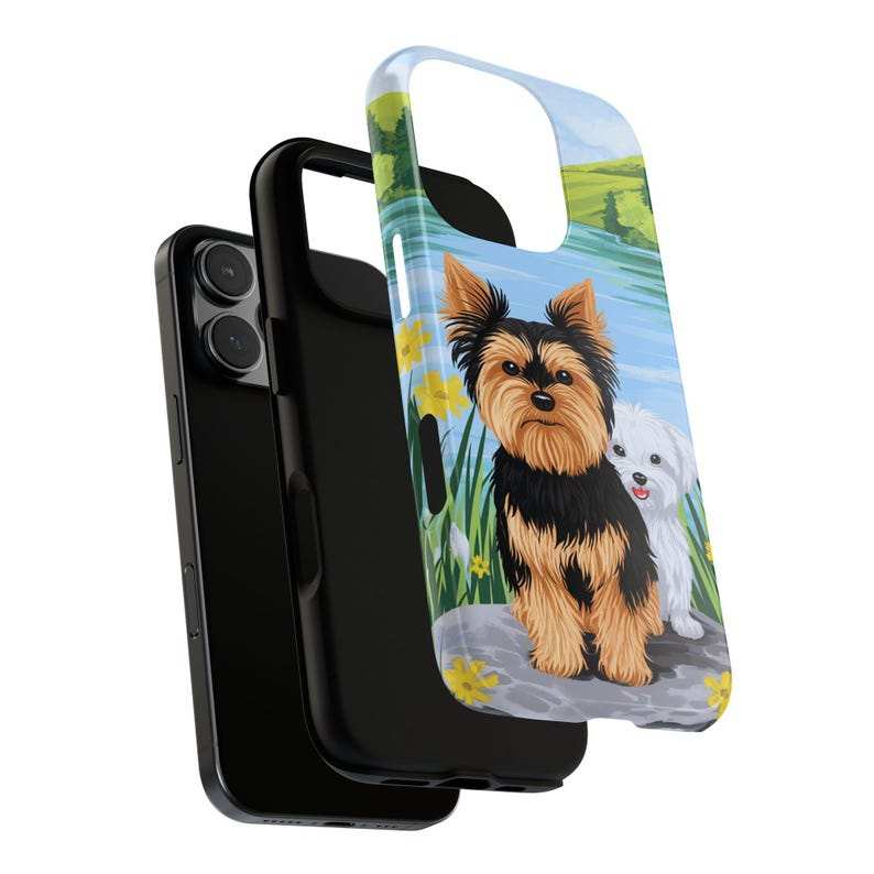 Maltese phone case featuring Yorkie and Maltese dogs with durable design for iPhone, Samsung, and Pixel.