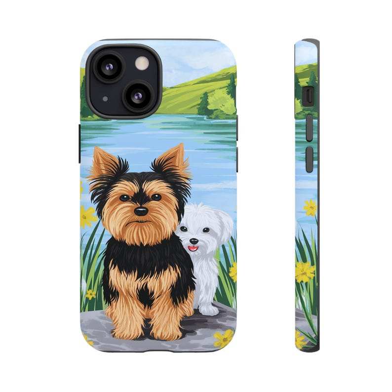 Maltese and Yorkie phone case with vibrant lake scene, compatible with iPhone, Samsung, and Pixel.