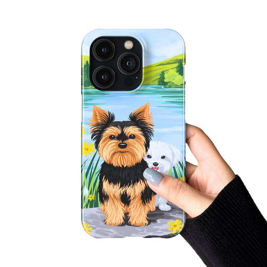 Maltese and Yorkie phone case with vibrant lake scene for iPhone, Samsung, Pixel.